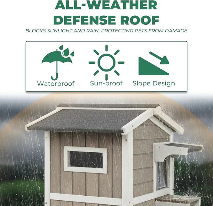 Outdoor Cat House Weatherproof, Wood Two Story Cat House with Openable Roof, 4 Doors, Balcony, Outside Indoor Pet House Feral Cats Shelter with Jumping Platforms for Small Animals, Grey