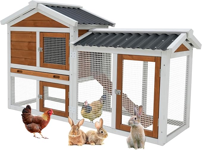 58" Wooden Outdoor Indoor Roof Waterproof Bunny Hutch Rabbit Cage Guinea Pig Coop PET House for Small to Medium Animals with Stairs and Cleaning Tray