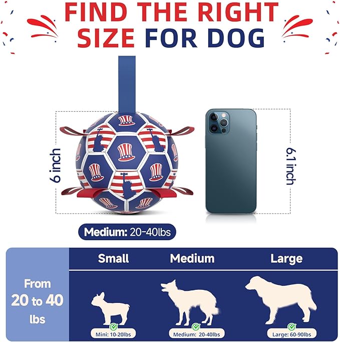 Diman Dog Toy Soccer Ball : Outdoor Dog Toys, Dog's Independence Day Gift, Dogs Soccer Ball with Straps for Tug of War, Pet Birthday Gift for Small Medium (6 Inch)