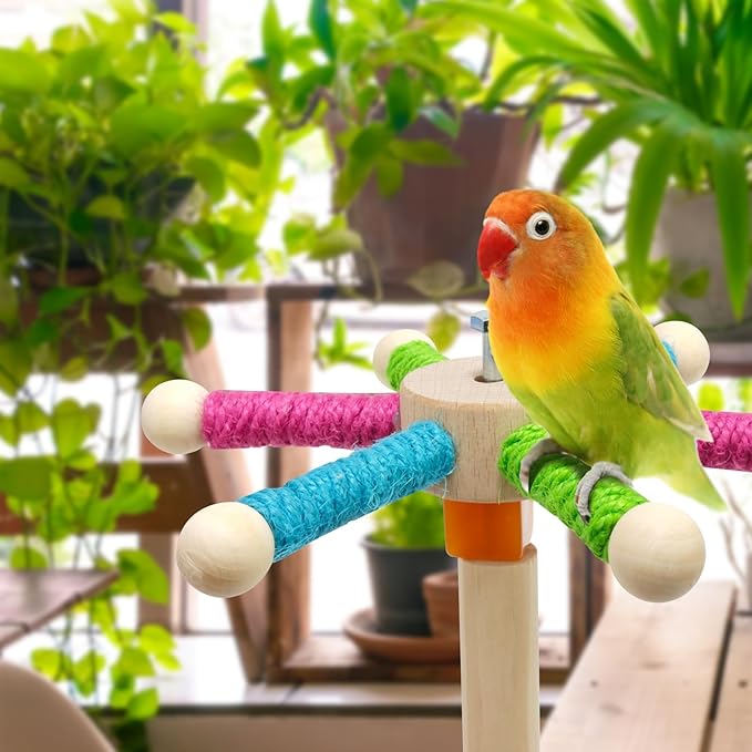 Bird Perch Toy for Cage,Spinning Windmill Bird Perch Toy,360° Rotating Chewable Stand with Grinding Sticks,Interactive Cage/Tabletop Training Toy for Parakeets,Cockatiels,Lovebirds (Mixcolor, Round)