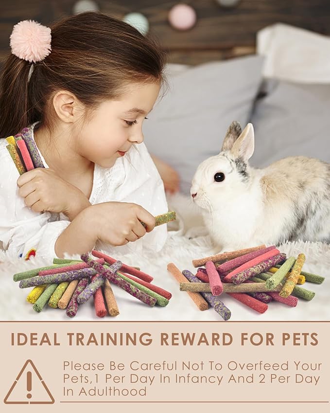 Bissap 108PCS Rabbit Chew Sticks, Mix Natural Timothy Hay Oat Carrot Beet Rose Dahlberg Daisy Myosotis Pumpkin Strawberry Bunny Chews Toy Treat for Chinchilla Guinea Pig Hamster Small Pet Molar Snack