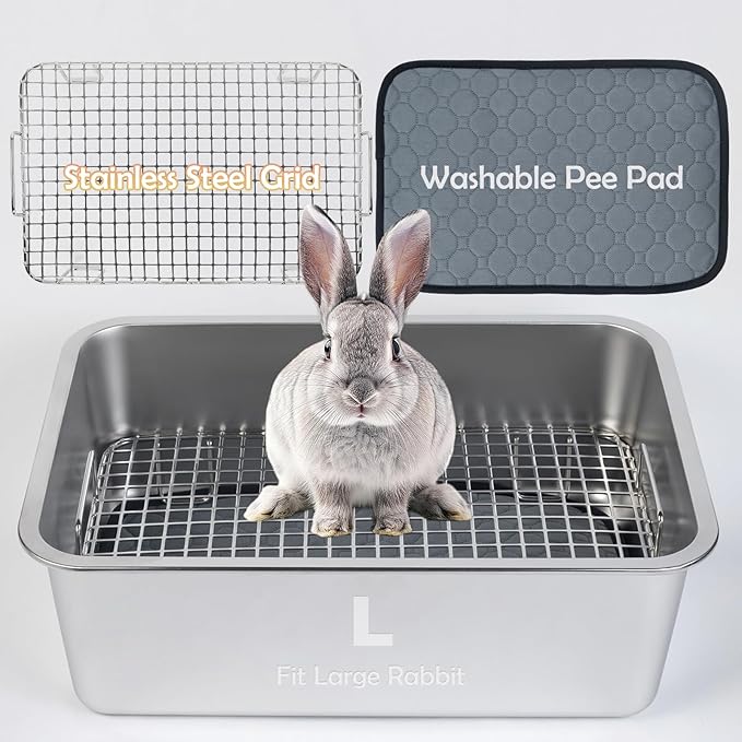 MEEXPAWS Rabbit Litter Box Stainless Steel, Large Bunny Litter Box with Raised Grid and Washable Pee Pad, Metal Litter Pan High Side for Rabbit,Small Animal Toilet Potty Tray Easy Cleaning,Less Stink
