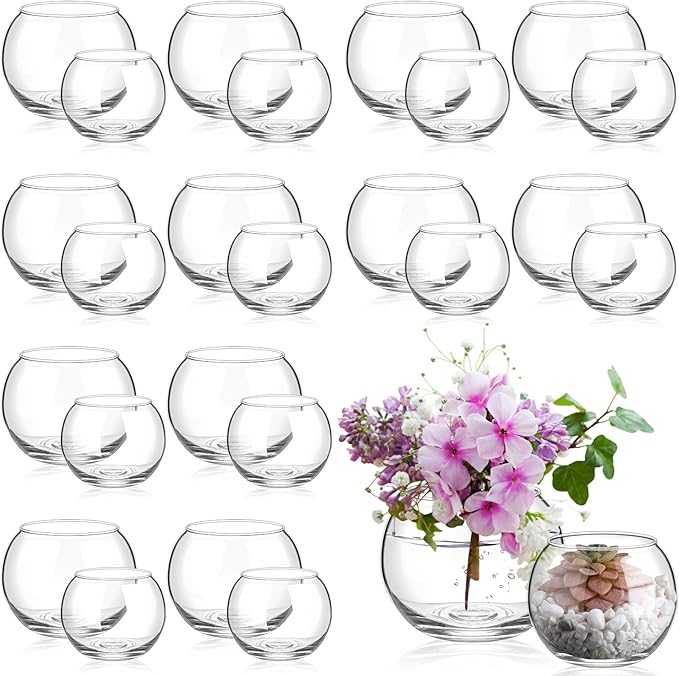 Zopeal 24 Pcs Fish Bowl Vase Glass Bubble Bowl Globe Glass Clear Bubble Vase Round Terrarium Goldfish Flower Centerpiece for Wedding Event Arrangement Office Home (2.36"h X 2.76"w and 3.15"h X 3.94"w)