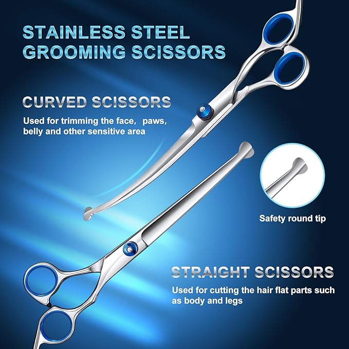 Professional Dog Grooming Scissors Set, 8-in-1 Stainless Steel Pet Grooming Kit with Hair Comb, Nail Clipper & Brush for Dogs, Cats at Home