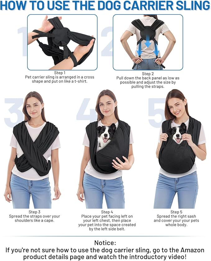 Dog Sling Carrier for Small Dogs, Front Pet Sling Carrier Chest, Adjustable Reducing Back Stress Cat Sling for Small Pet up to 20lbs, Hands Free Puppy Sling for Travel or Everyday Use (Black)