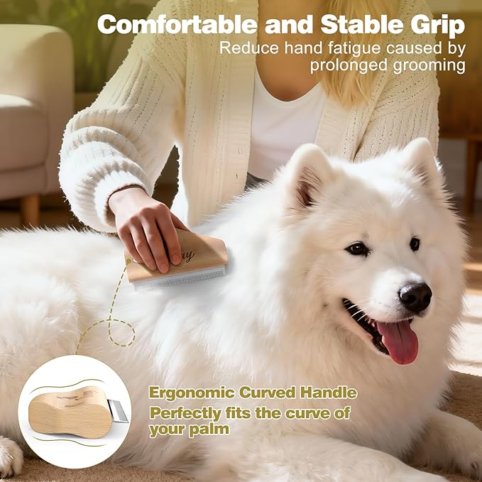 Dog Brush for Shedding, Deshedding Brush for Dogs, Pet Hair Removal Tool, Painless Wood Remover for Pet Hair, Cats, Horses Cleaning, Grooming, Short and Long Fur, Ergonomic Design, 4.3inch