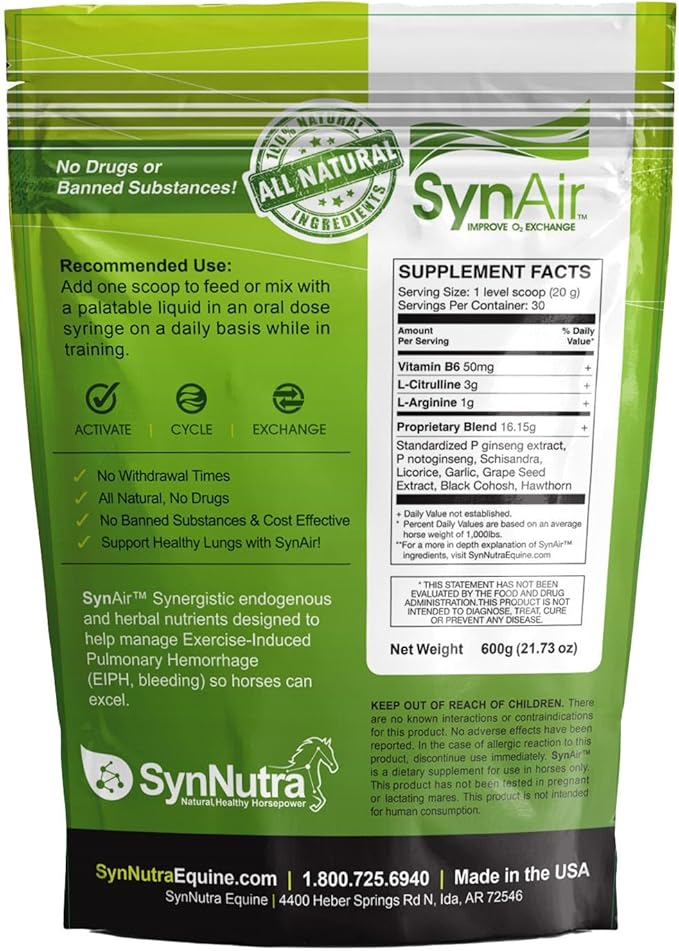 SynNutra Equine SynAir – Natural EIPH Management & Lung Support for Horses – Drug-Free Formula to Promote Airway Health & Recovery – Made in USA