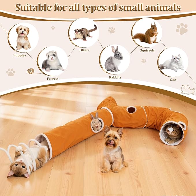 Ownpets 2-in-1 Cat Tunnel, Large Lollipop Shape Cat Tunnel Toy with Fluffy Balls, Spiral Toy, Plush Collapsible Cat Cave Hideout Donut Tunnel for Multi Kitten Puppy Rabbit, Orange