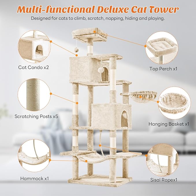 Large Cat Tree 66 Inch, Multi-Level Tall Cat Tree Tower with Condo, Perches, Sisal Scratching Posts and Hammock, Pet Play House with Dangling Balls for Indoor Cats, Beige