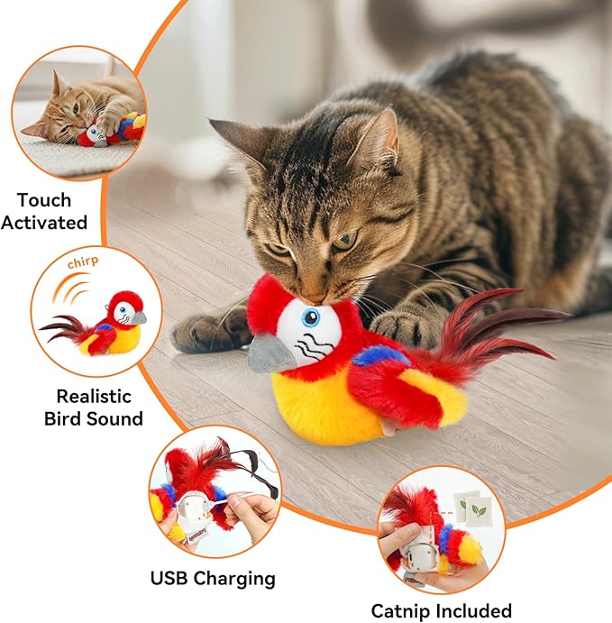 Cat Toys Flapping Bird(Cannot Fly), Electric Simulated Chirping Bird Interactive Kitten Toy with Flappy Wings, Rechargeable Touch Activated Toy with Catnip and Feather for Indoor Cats - Red