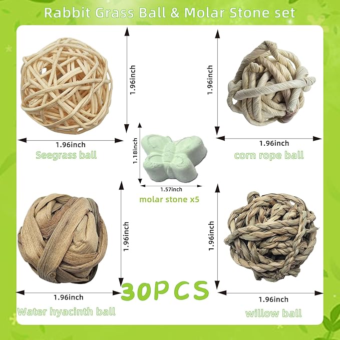 30PCS Rabbit Grass Balls 1.96in Guinea Pig Balls Small Animal Activity Enrichment Toy for Bunny Chinchilla Hamster Gerbil Grinding Playing