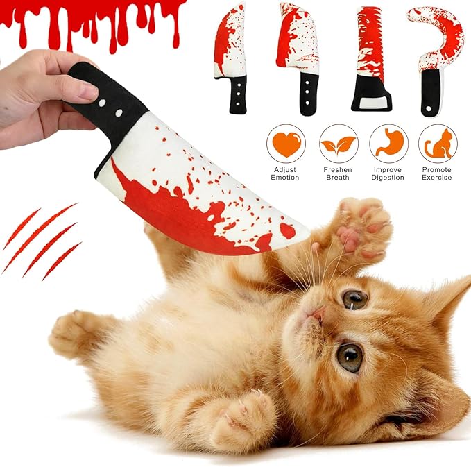 Idepet Cat Toys Catnip Crinkly Sound Toy Toys Christmas Kitten Bite Teething Chew Toys for Indoor All Breeds Cats Exercise (Horror Knife-Shaped Cat Toys)