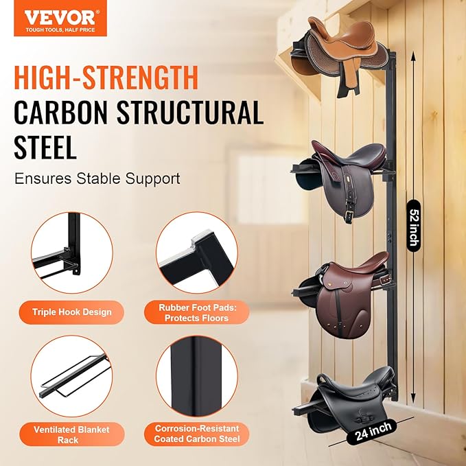 VEVOR Wall Mount Saddle Rack, 24 x 7 x 52 in, Four Tiers Horse Saddle Storage Rack, Heavy Duty Equestrian Western and English Saddle Stand, Horse Blanket Holder for Tack Room Organization