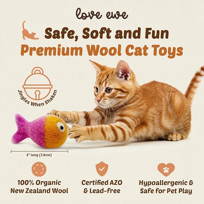 Hustle & Blush Love Ewe Felted Cat Toys 3 Pack - 3 Inch Fish & 2 Inch Ball Hand Made Cute & Fun Design Kitten Wool Felt Balls with Bell for Indoor Play - 100% New Zealand Handmade - Holiday Pet