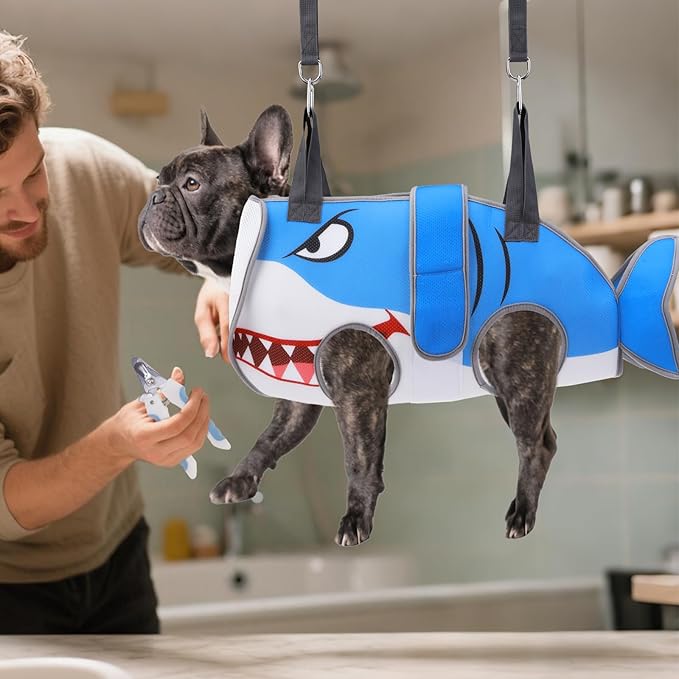Dog Grooming Hammock for Small Dogs Cats, Cute Shark Design Dog Hanging Harness for Nail Trimming/Clipping, Pet Sling with Grooming Kit and Thick Neck Support & Strap Restraint Claw Care, S