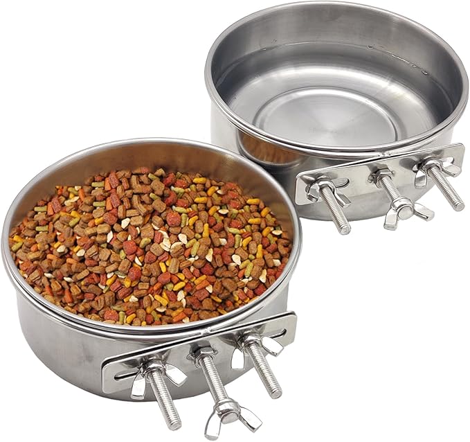 PINVNBY 2pcs Stainless Steel Bird Bowl Water Dish for Parrot, Parakeet, African Greys, Conure, Cockatiels, Lovebird, Budgie, Chinchilla（Three Screws Size: XL）
