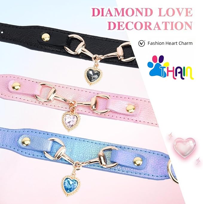 THAIN Fashion Dog Collar with Bling Diamonds & Heart Charm – 5 Holes Adjustable PU Leather Rhinestones Necklace Collar, Gold Buckle for Small Dogs Girl boy (Black, XS)