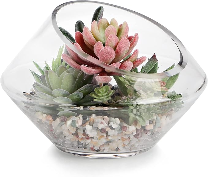 MDLUU Glass Bowl, 7.8" W x 5.5" H Geometric Terrarium, Candy Dish, for Succulent, Potpourri, Clear