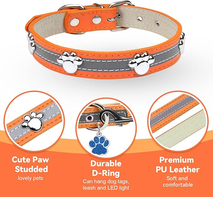 PETCARE Reflective Dog Collar with Cute Paw Rivet Studded Funny Soft PU Leather Adjustable Puppy Dog Collars for Small Medium Large Dogs Cats (Orange,XX-Large)