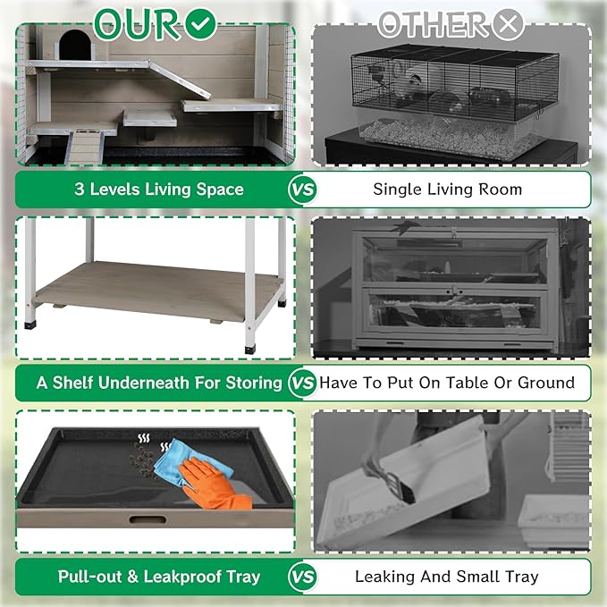 PetsCosset Guinea Pig Cages Wooden Hamster Cage Indoor with Stand and Storage Outdoor Small Animals Habitat with Metal Edges Ramps Hideout House,No Leak and Pull Out Tray, Easy Clean