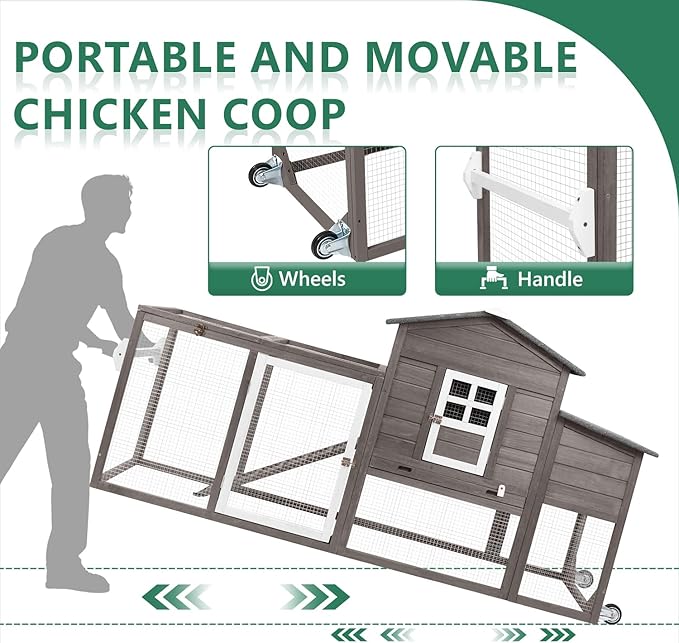 79" L Chicken Coop and Run, Large Chicken Hen House Indoor Outdoor with Wheels, Nesting Boxes, Removable Tray, Two Story Wooden Poultry Cage for Chickens Quails Small Animals(Grey)