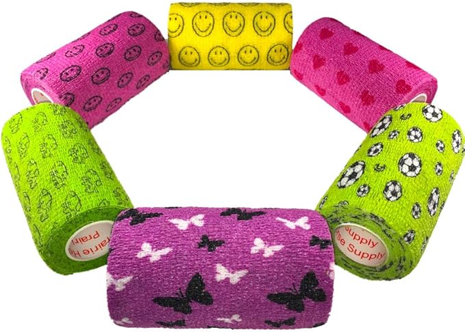 Prairie Horse Supply 3 Inch Vet Wrap Tape Bulk (Black, Red, Yellow and Black Paw Prints on Yellow, Red, Teal) (Pack of 24) Self Adhesive Adherent Adhering Flex Bandage Grip Roll for Dog Cat Pet