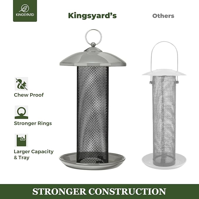 Kingsyard 2 Pack Finch Feeders for Outdoors Hanging, Metal Mesh Tube Bird Feeder for Nyjer/Thistle Seed, 2.5 lbs Large Capacity (Grey)