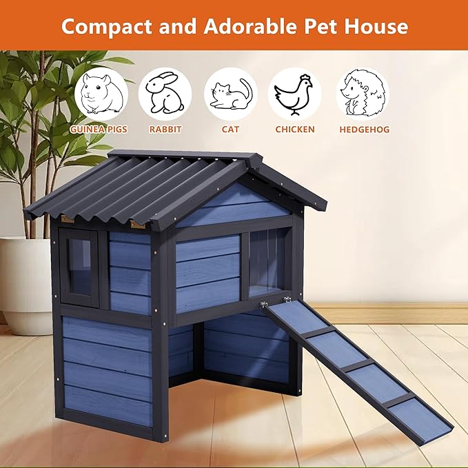 Outdoor Rabbit Hutch, Weatherproof Rabbit Cage Indoor 100% Insulated Foam Bunny Cage Small Pet House with Openable Roof,Flip Acrylic Side Door for Winter Outside (Blue)