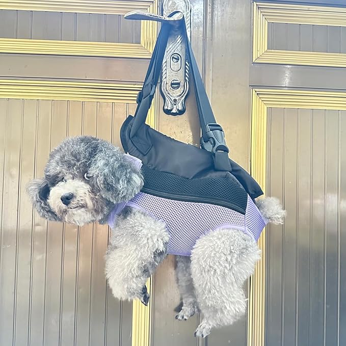 Pet Dog Carrier Backpack, Portable Breathable Mesh Chest Carrier, Polyester Woven Double Shoulder Pet Bag for Outdoor Adventures (Purple, Medium)