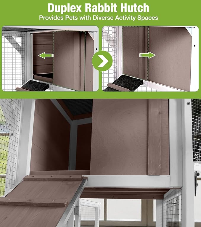 GUTINNEEN Duplex Rabbit Hutch Indoor with Chew-Proof Frame & 2 Leak-Proof Sliding Trays, Rain Cover, Wooden Guinea Pig Cages with Wheels - Brown