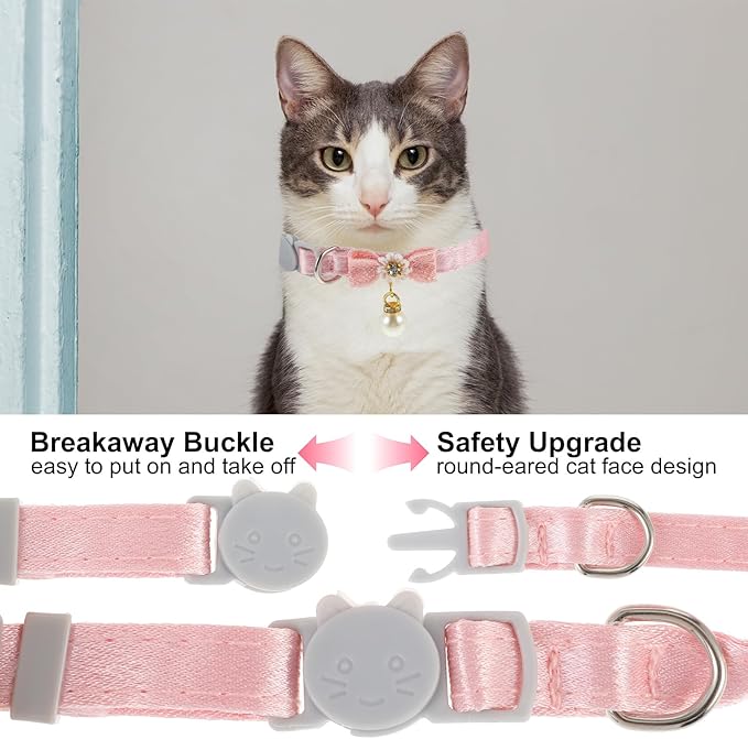Cat Collar Breakaway, Cat Collar with Pearl Pendant Quick Release Safe Buckle Pink Bowtie Adjustable Baby Kitten Collars Cute Cat Collar for Girl Cat (Style2)