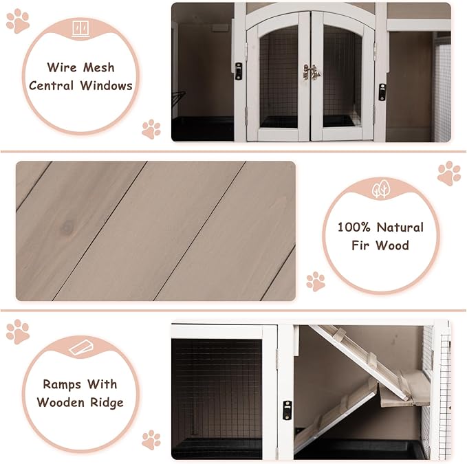 PetsCosset 42.7" L Rabbit Hutch Indoor Outdoor 2-Story Rabbit Cage with 4 Wheels,Guinea Pig Cage Bunny Hutch with 2 Pull Out Trays,Bunny Cage with Asphalt Roof for Small to Medium Animals