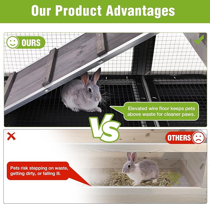 GUTINNEEN 2-Story Rabbit Hutch Bunny Cage with Chew-Proof Ramp & Pull-Out Trays - Indoor/Outdoor 40.6" Wooden Rabbit Cage on Wheels for Rabbits, Guinea Pigs