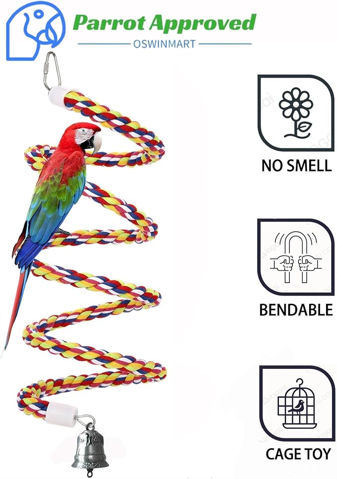 2Pcs 63'' Bird Rope Perches Birdcage Swing Toys 100% Cotton Natural Bird Perch Peck/Chewing with Bell Climbing Standing Bungee Parrot Toys for Small to Regular Size Parrot Cockatiel Birds