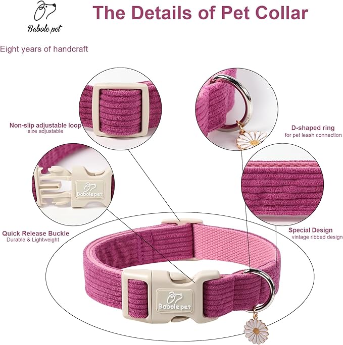 Cute Corduroy Dog Collar - Fuchsia Adjustable Dog Collars for Large Dogs 50-80lbs, Fade-Proof with Secure Snap & Little Charm, Christmas Birthday Gift, L