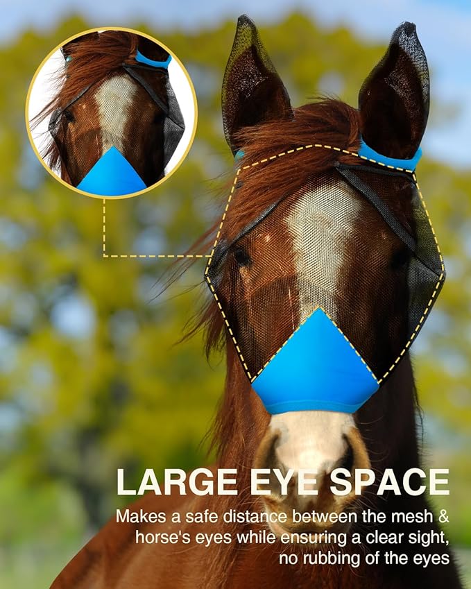 Hilltown Adjustable Fly Mask for Horse with Ears - UV-Block, Large Eye Space, Breathable, Built to Last, Comfort Fit - Horse Fly Mask for Daily Stable, Hot Weather Riding & Competition - Cob, Blue