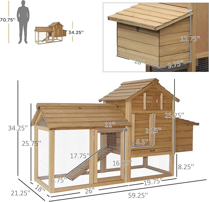 PawHut 59" Small Wooden Chicken coop Hen House Poultry Cage for Outdoor Backyard with 2 Doors, Nesting Box and Removable Tray, Natural Wood