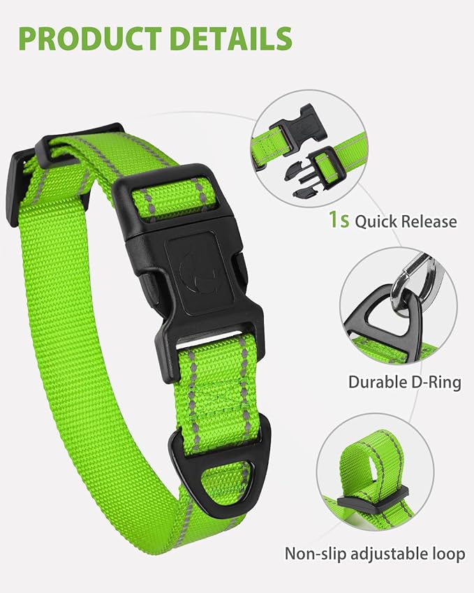 Joytale Small Dog Collar, Reflective and Adjustable Nylon Collar with Quick-Release Buckle, Lightweight No-Choke Design for Small Dogs, Green, 5/8" Width