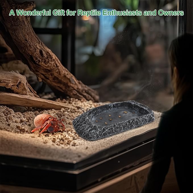 Reptile Water Dish for Bearded Dragon Tank Accessories, Hygger zoo Hermit Crab Food Bowl Reptile Food Dish Corner Rock Terrarium Feeding Bowl Tortoise Water Dish for Leopard Gecko Turtle Snake, Black