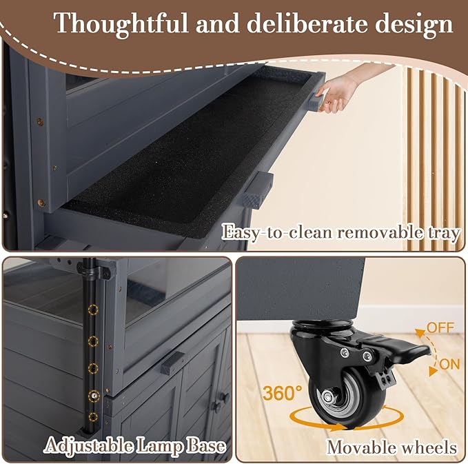 Premium Reptile Habitat Enclosure for Tortoises, Lizards, and Snakes - Adjustable Lighting, 360° Wheels, Easy-Clean Design, and Secure Ventilation- (Dark Gray)