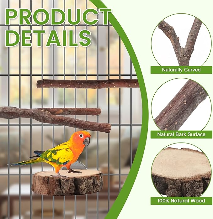 BILLIOTEAM 9PCS Apple Wood Bird Perches, Natural Parrot Stand & Chewing Toy with Multi-Branch, Straight Perch Stand, Platform & Climbing Rope, Cage Accessories for Parakeets, Cockatiels, Budgies