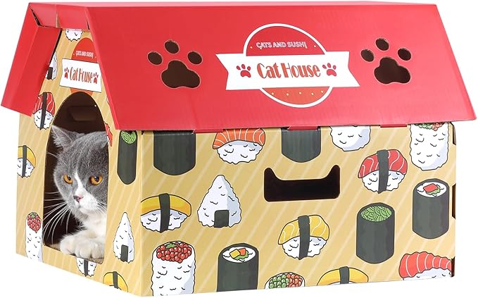 Cardboard Cat House with Scratcher – Red Sushi Carton Cat Box - 18''L x 15.5''W x 14''H for Cats up to 20 Lbs, Sturdy Kitty Playhouse & Hideaway - Indoor Feline Scratch Toy