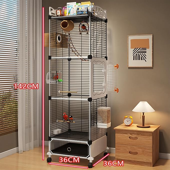Large Parrot Cage with Acrylic Doors, 4 Casters, Perch & Feeder, Detachable Drawer, Ideal for Cockatiels, Budgies, Conures, Indoor/Outdoor Use – Spacious White Birdcage(Black,36 * 36 * 142)