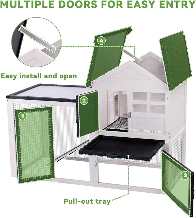 Rabbit Hutch Bunny Cage Indoor/Outdoor, Small Chicken Coop, with Metal Mesh Floor & Removable Tray, Secure Sliding Door, Chew-Resistant Rug Ramp