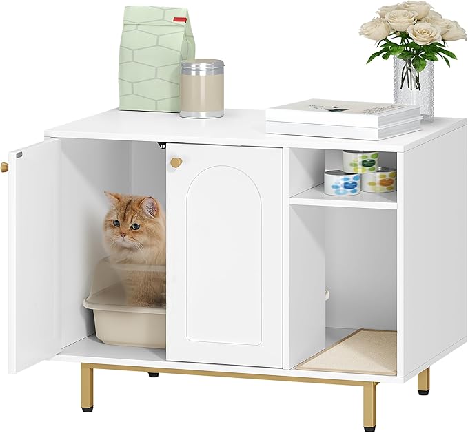 Cat Litter Box Enclosure Enclosed, Hidden Litter Box Cabinet Furniture with Storage, Wooden Indoor Cat House Large, Modern End Table for Living Room Entryway, White and Gold 01503GCLB
