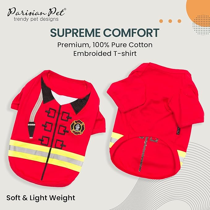 Parisian Pet Embroidered Dog Firefighter Costume - 100% Cotton and Polyester - Sleeved Pet Shirt - Red - XL