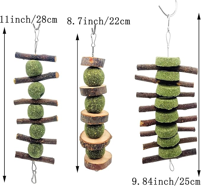 3 Pcs Bunny Chew Toys, Rabbit Chew Toys for Teeth Grinding, Natural Organic Apple Wood Stick for Improve Rabbits Guinea Pigs Hamsters Dental Health