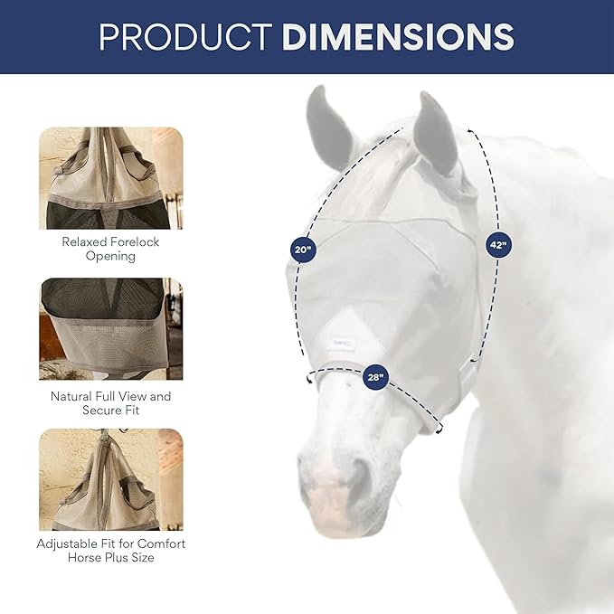 Plus-Size Horse Mask Without Ears - 95% UV Eye Protection - Built-in Visor - Breathable, Lightweight Mask - Adjustable Fit for Comfort Horse (Large Size)