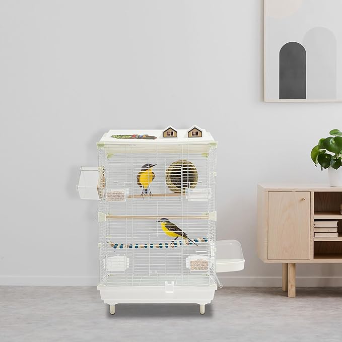 Two-Tier Bird Cage White Large Birdcage with Stand Food Containers Flight Cage for Parrot Lovebirds Finches Canaries Pigeons Parakeets Cockatiels