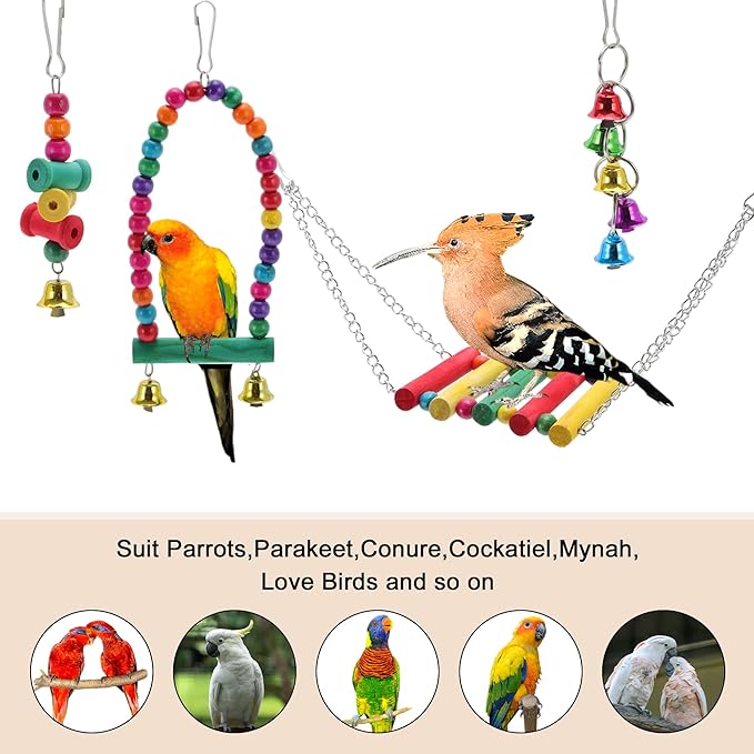Cockatiel Toys, Bird Parrot Swing, Chewing Toy Set, Pet Birds Toys for Parakeet Conures Finches, 15 Pcs Multifunctional Hanging Bell Climbing Ladders